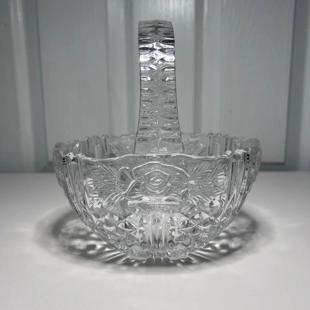 Vtg 24% Lead Crystal‎ Basket Anna Hutte Bleikristall Germany  Pressed Rose Motif